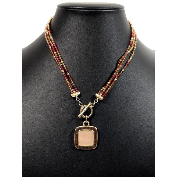 Monet Jewelry - Monet MOP Shell Square Inlay Pendant Red Bead Toggle Necklace Boho 16 in